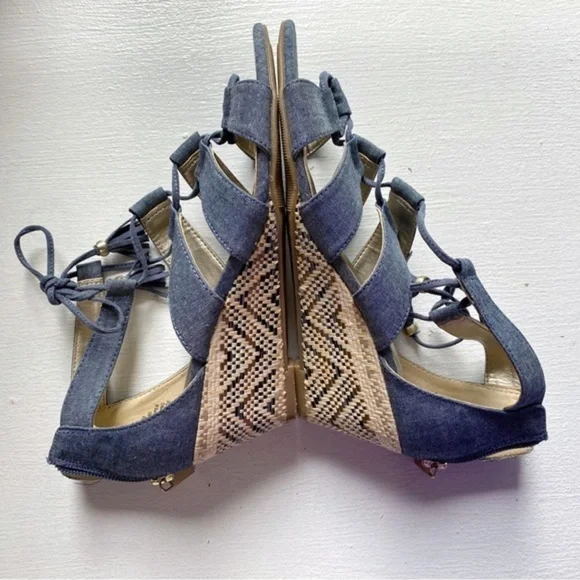 Bandolino Lace Up Denim Wedge Sandals - Picture 9 of 12